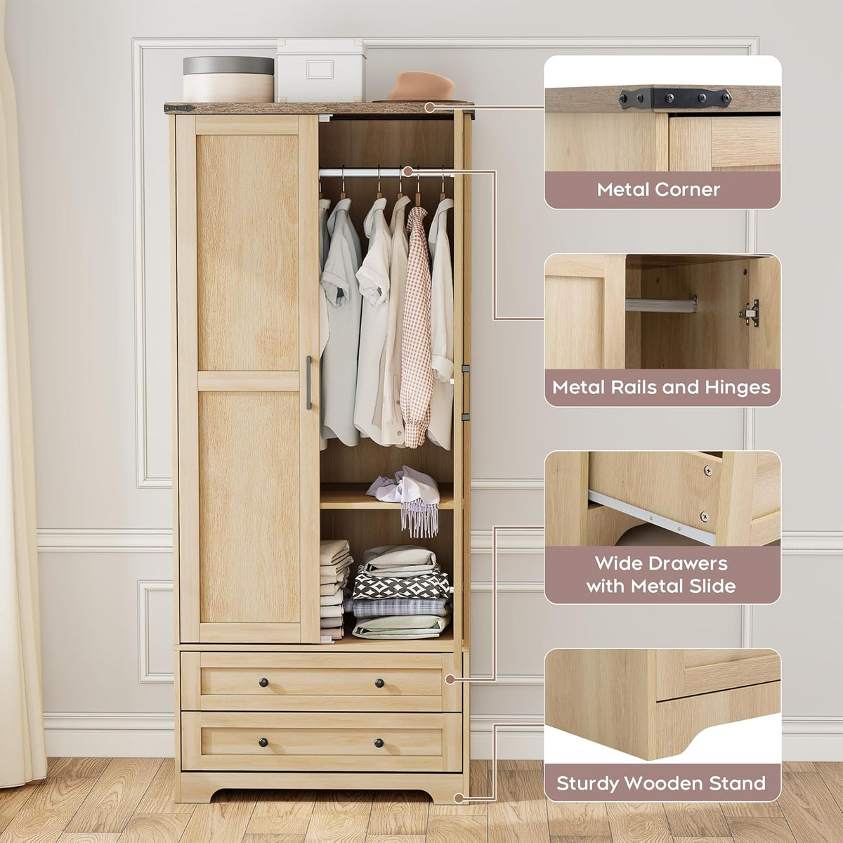 Brafab Wooden Armoire Wardrobe Closet with 2 Modern Doors, 71" Tall Freestanding Closet Wardrobe