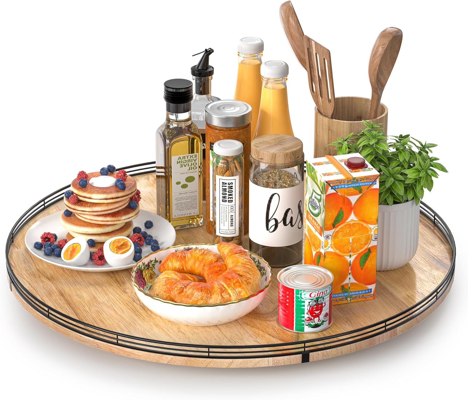 24" Lazy Susan Oak Wood Turntable Organizer for Cabinet, Farmhouse Round Wooden Large Lazy Susan