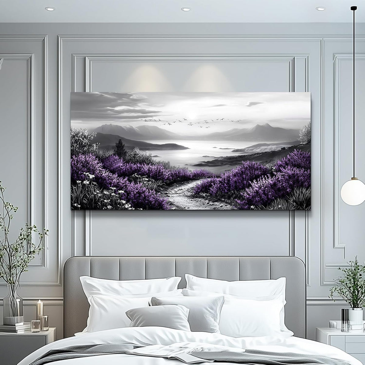 KELIYUAN Large Purple Grass Wall Art Home Decor Bedroom Office Black And White Landscape Modern