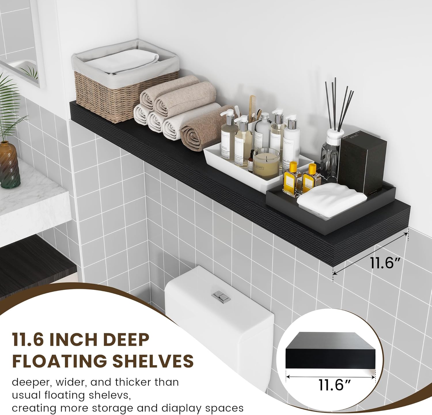 12'' Deep Floating Shelves, 48 Inch Large Floating Shelf Black, Deep Wall Shelves for Living Room
