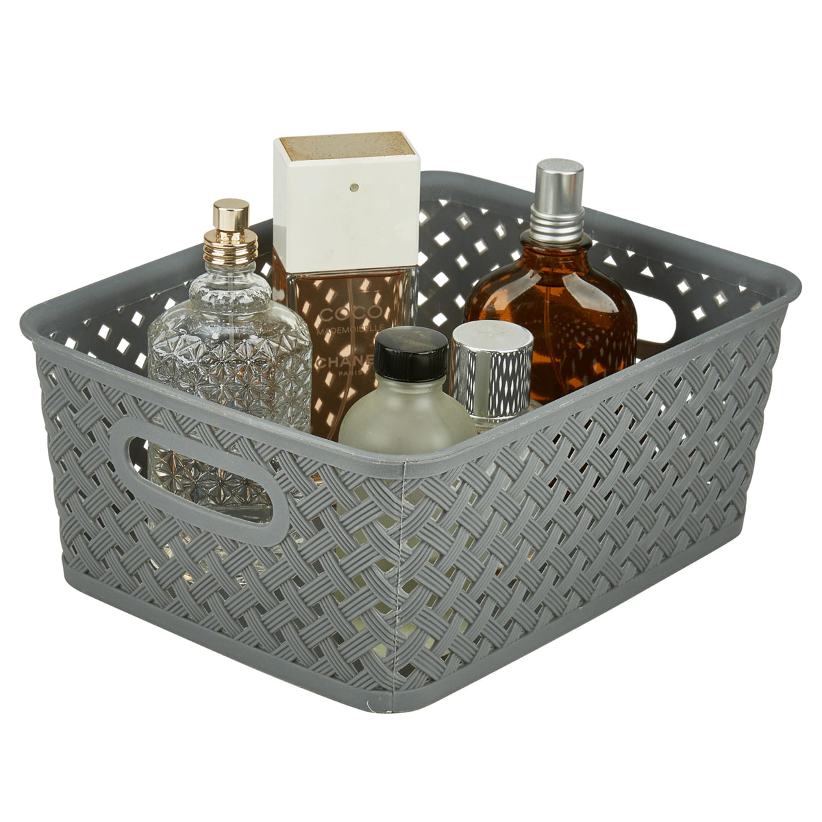 Simplify Small Resin Wicker Tote | Storage Bin | Plastic Organizer | Carrying Handles | Bathroom |