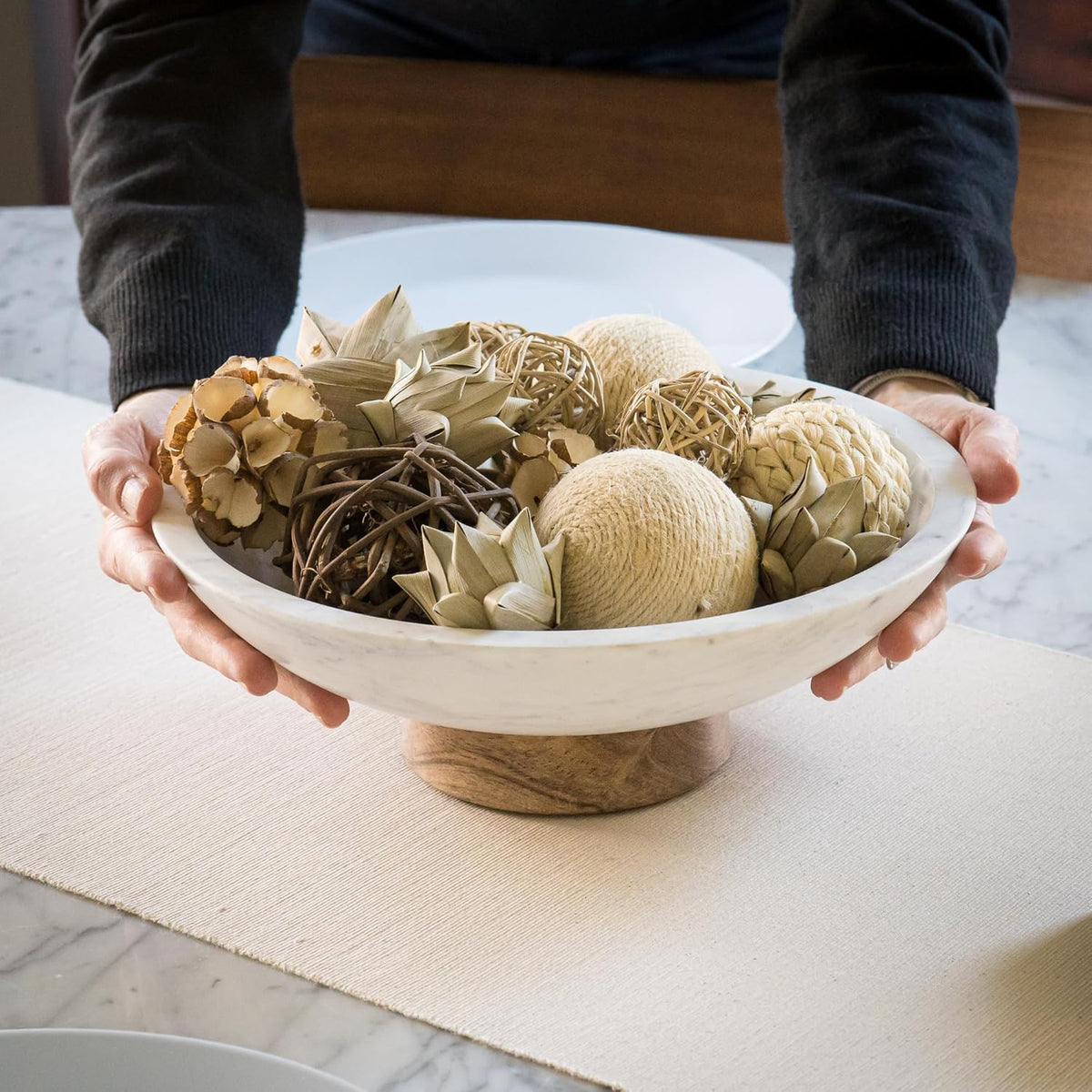 Cork & Mill Marble Decorative Bowl for Home Decor - Handcrafted Natural Stone with Acacia Wood