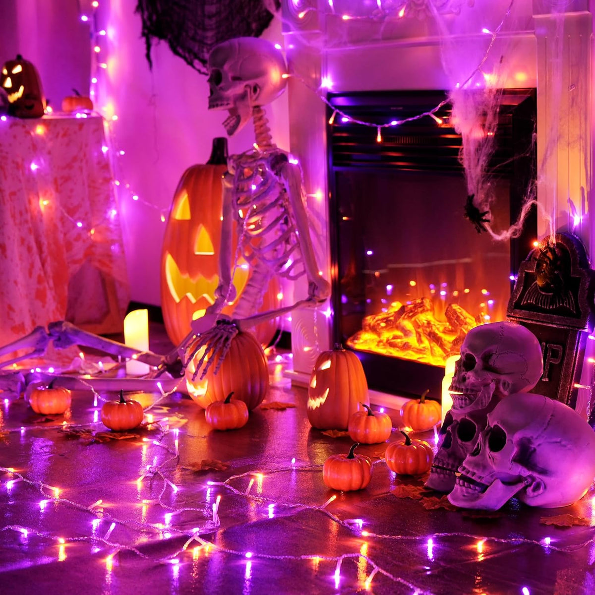 JMEXSUSS 33 FT 100 LED Halloween String Lights Indoor, Orange and Purple Halloween Lights Clear