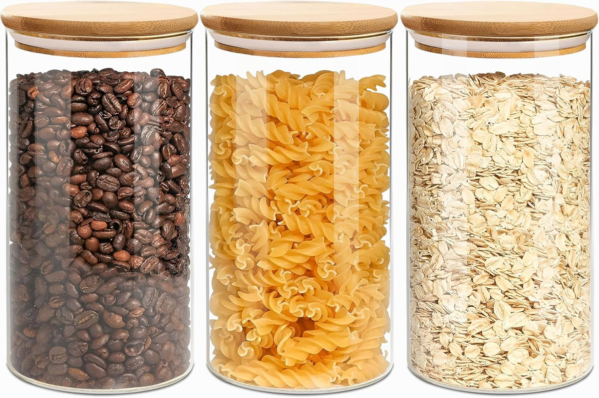 Round Glass Jars Canister with Wood Lid 40 FL OZ [Set of 3], Container Jar with Sealing, Lids for