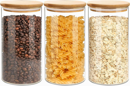 Round Glass Jars Canister with Wood Lid 40 FL OZ [Set of 3], Container Jar with Sealing, Lids for