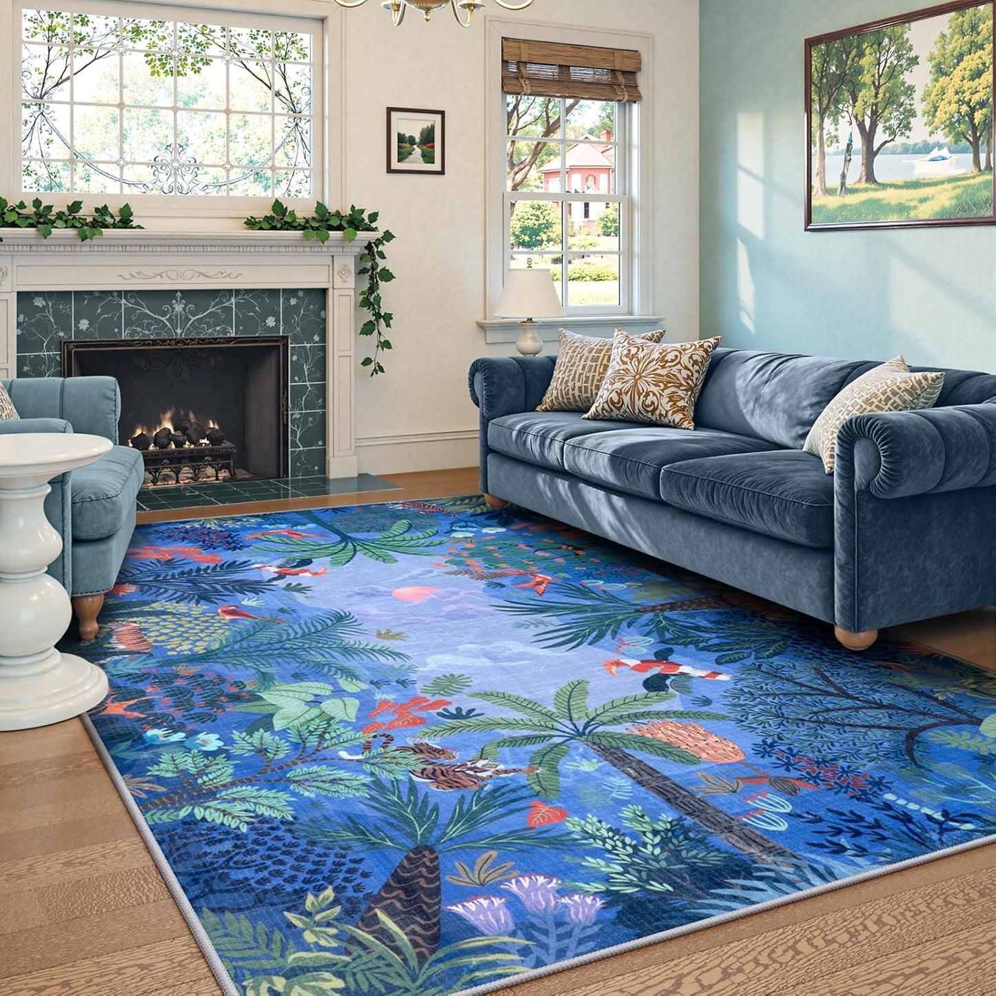 LIVEBOX Washable Bedroom Rug 8x10 Under Bed, Modern Stain Resistant Botanical Rug for Living Room