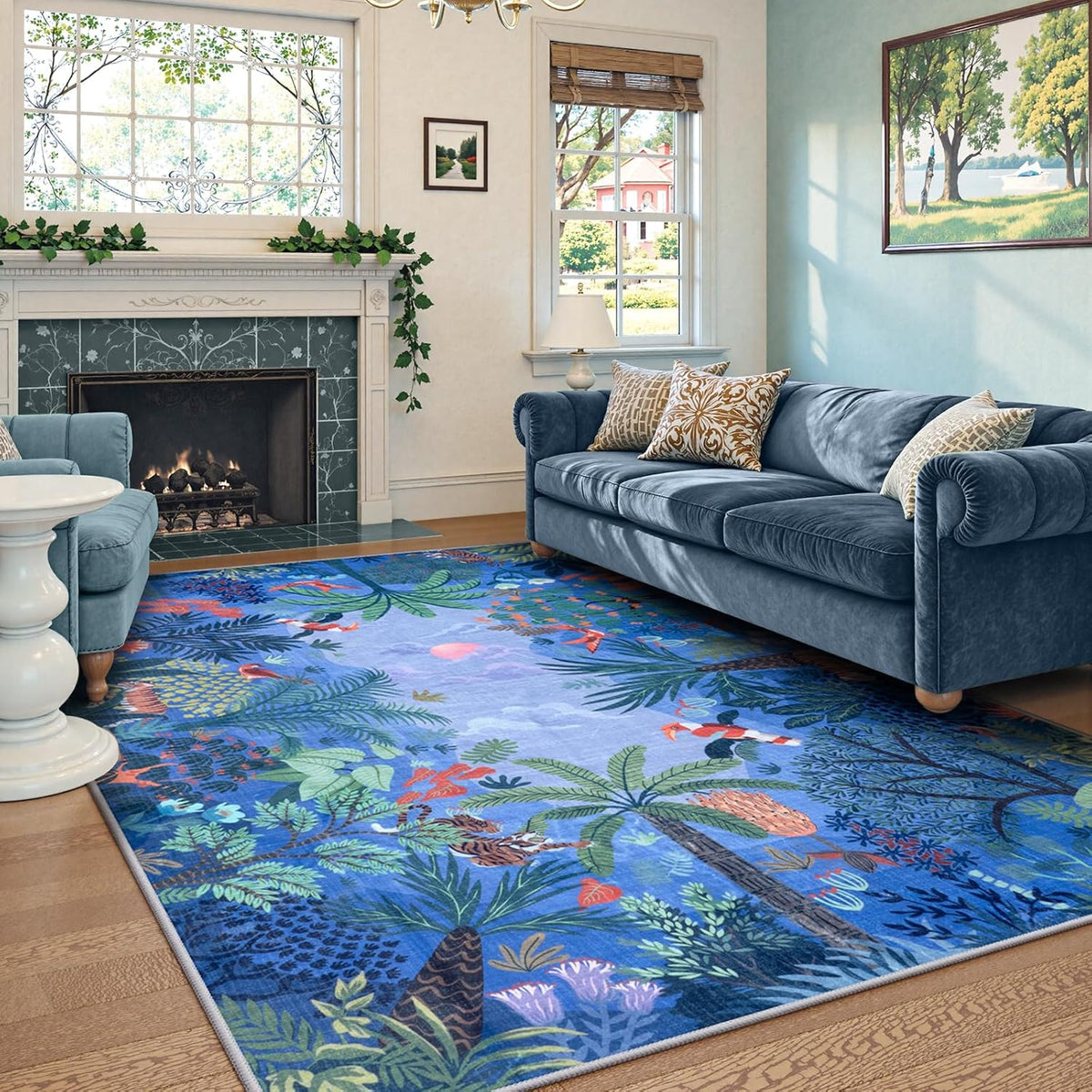 LIVEBOX Washable Bedroom Rug 8x10 Under Bed, Modern Stain Resistant Botanical Rug for Living Room