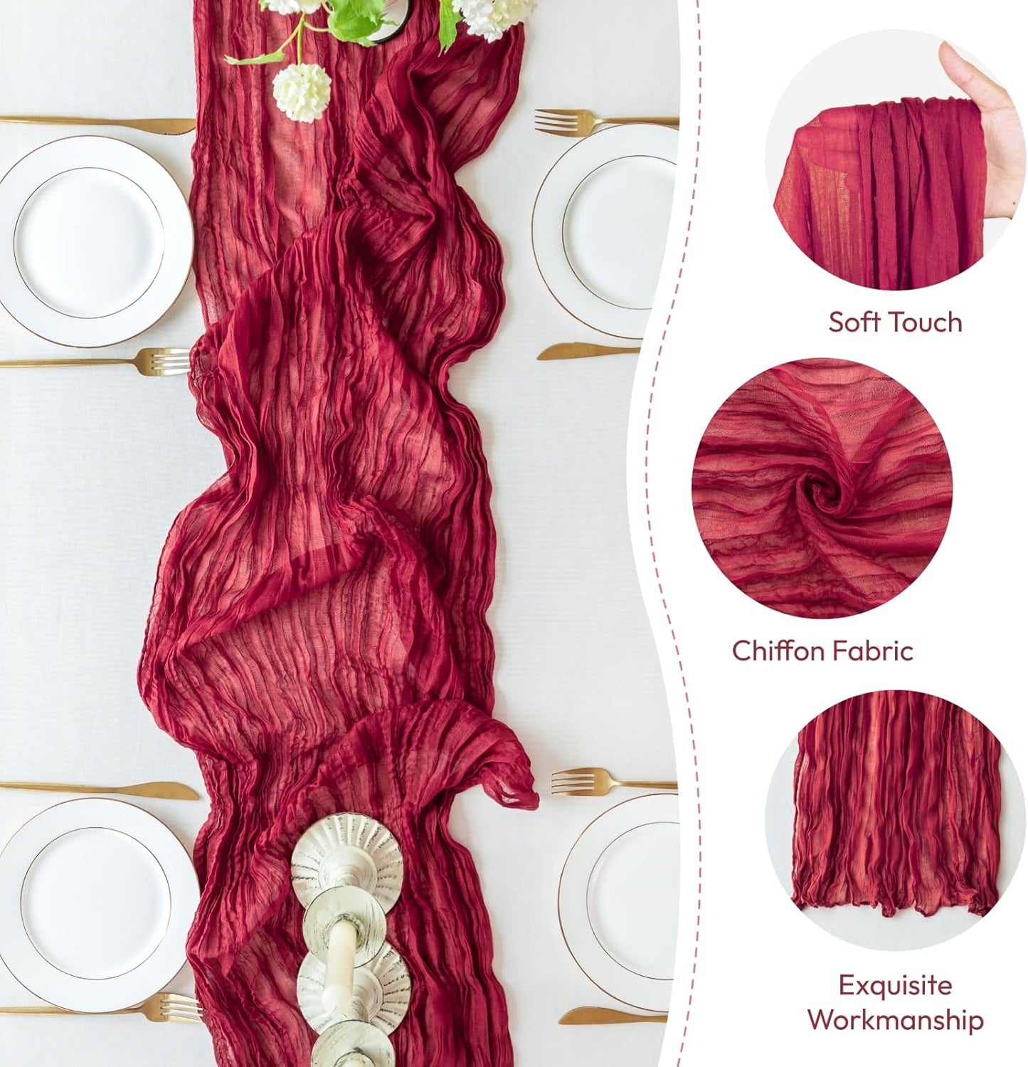 Sioloc Burgundy Red Cheesecloth Table Runner Fall Autumn Decor for Home 10ft Table Cloth for