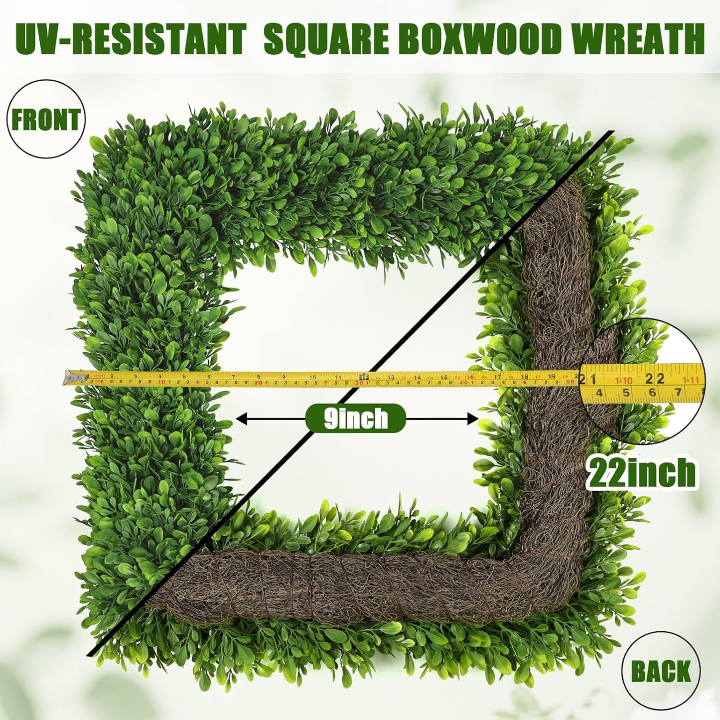 Artgar 22Inch Boxwood Wreath, Spring Wreaths for Front Door, Realistic Green Square Boxwood Wreath
