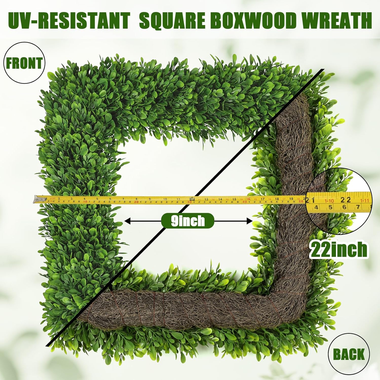 Artgar 22Inch Boxwood Wreath, Spring Wreaths for Front Door, Realistic Green Square Boxwood Wreath