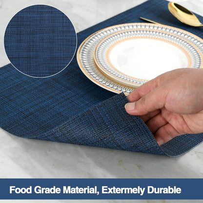 Navy Blue Placemats Set of 8 - Easy Clean Washable Vinyl Placemats - Wipeable Heat Resistant Table
