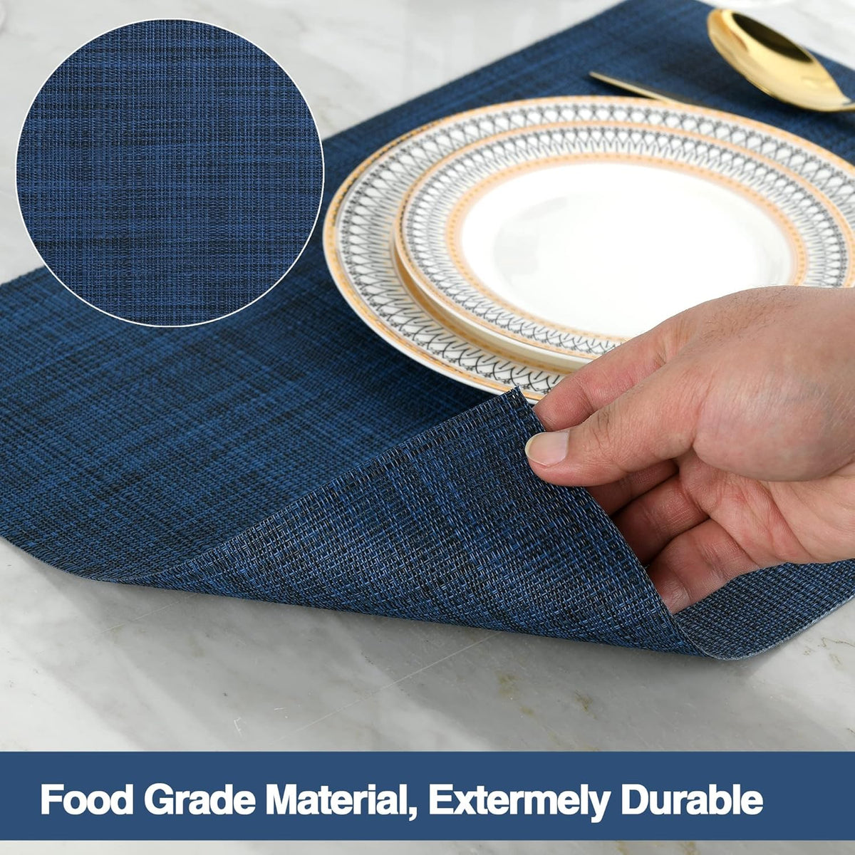 Navy Blue Placemats Set of 4 - Easy Clean Washable Vinyl Placemats - Wipeable Heat Resistant Table