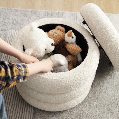 ONEVOG 20" Round Storage Ottoman with Removable Lid, Off-White Boucle Fabric Footrest Pouf, Sherpa