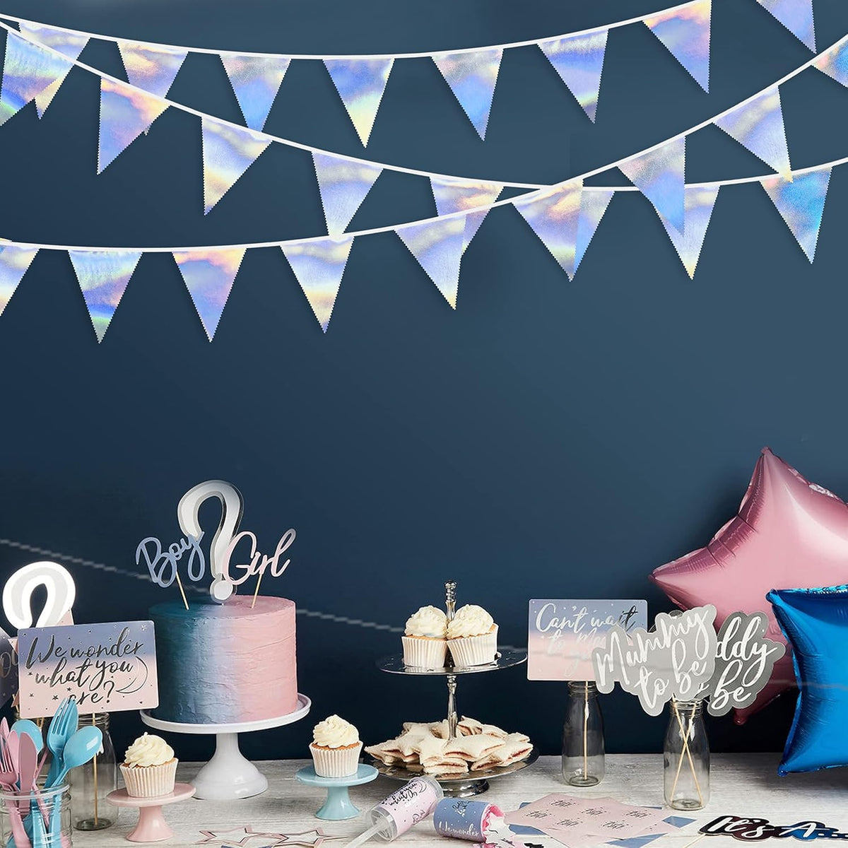 33Ft Iridescent Party Decoration Holographic Fabric Triangle Pennant Banner Flag Cotton Bunting