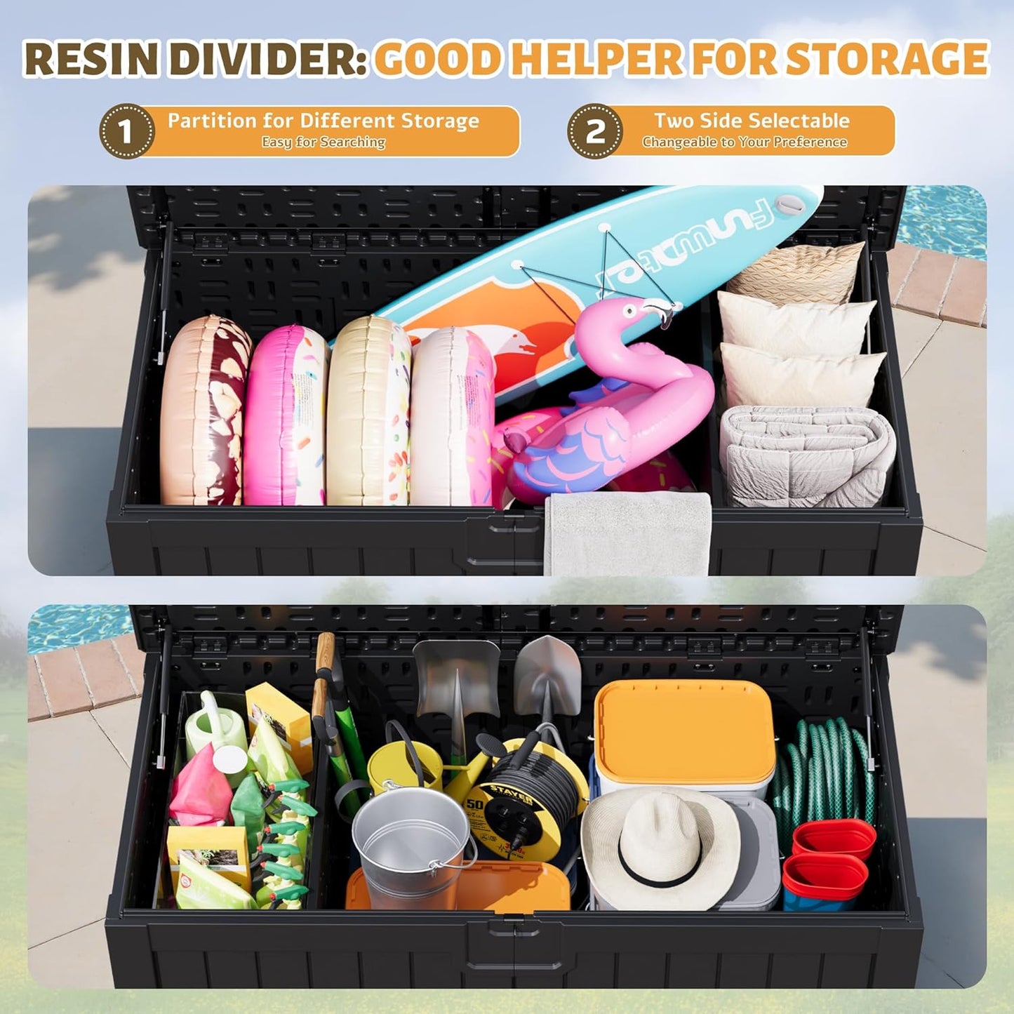 Flamaker Resin Deck Box 250 Gallon, Waterproof Imitation-Wood Lockable Storage Box with Separator