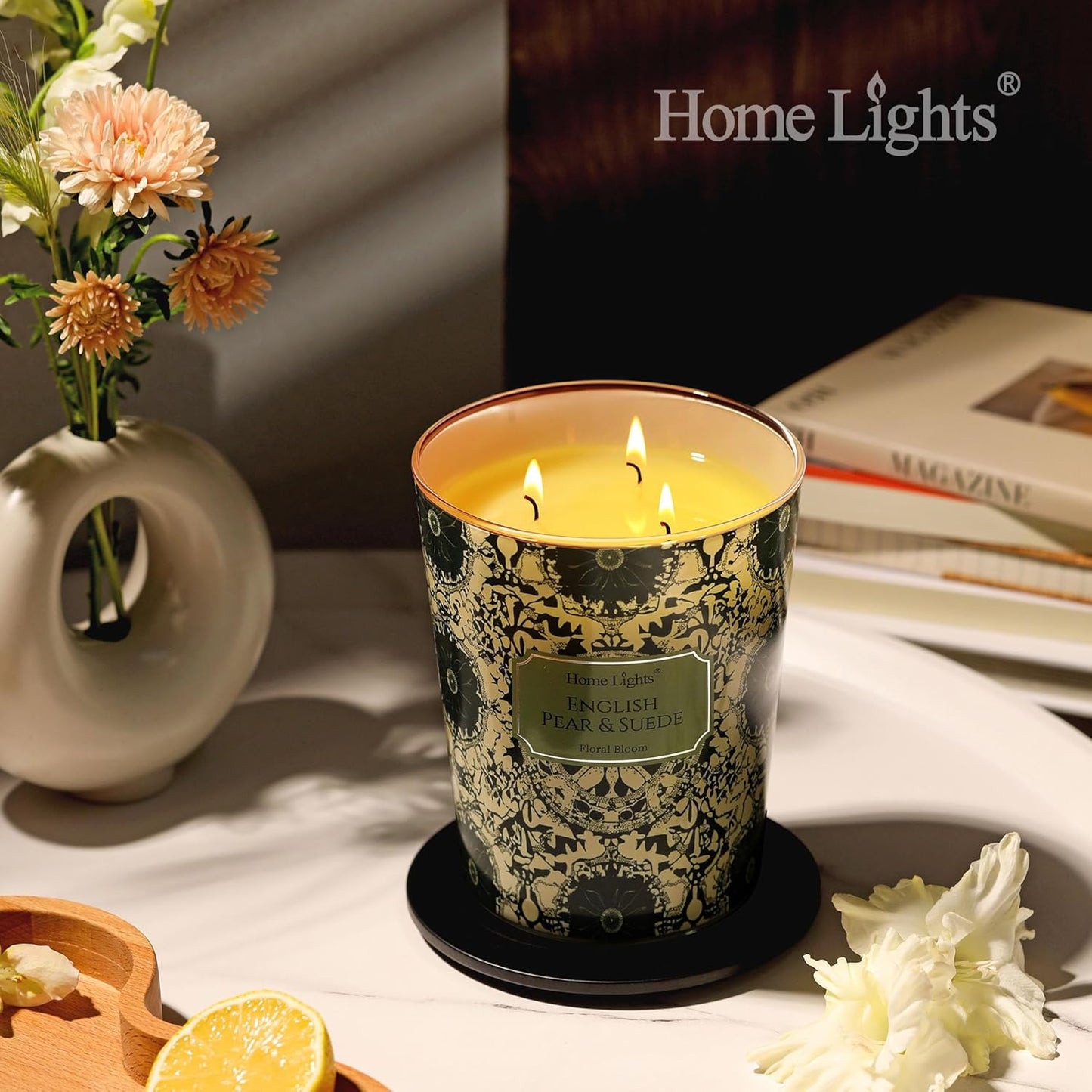HomeLights Soy Wax Candles for Home Scented, 3-Wick Candles in English Pear & Suede Scented