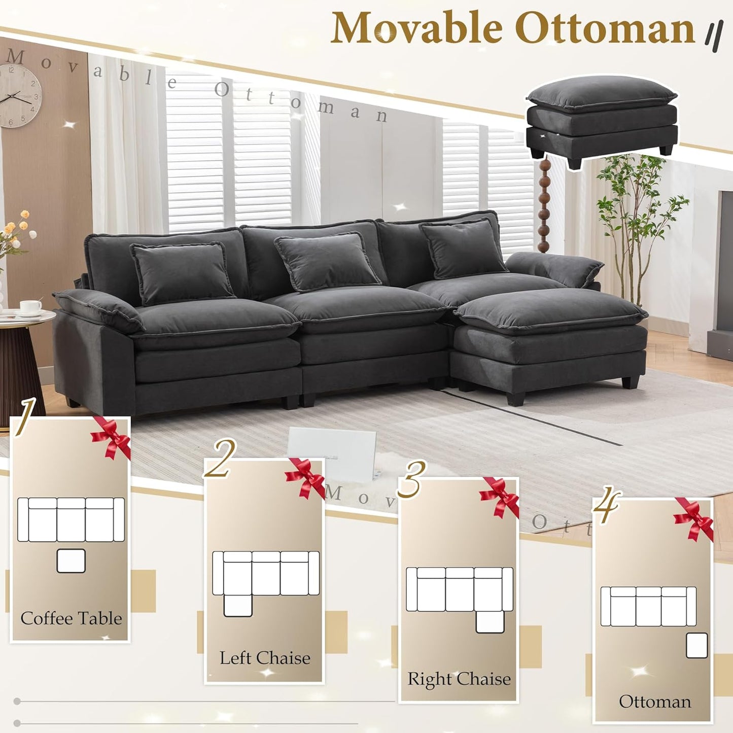 URRED Modular Sectional Sofa Comfy Cloud Couch, Modern Velvet Sofa Sleeper Deep Seat Couches with