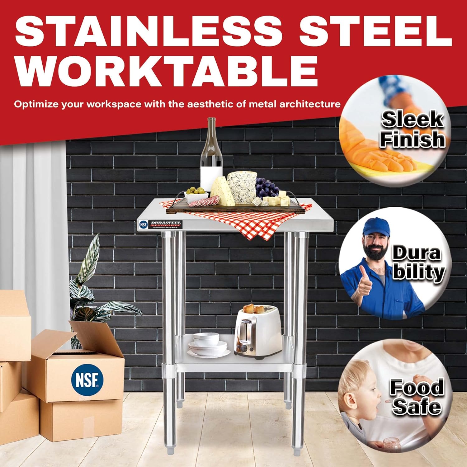 DuraSteel 24x24 Stainless Steel Prep Table - NSF Commercial Outdoor Grill Worktable - Metal Side