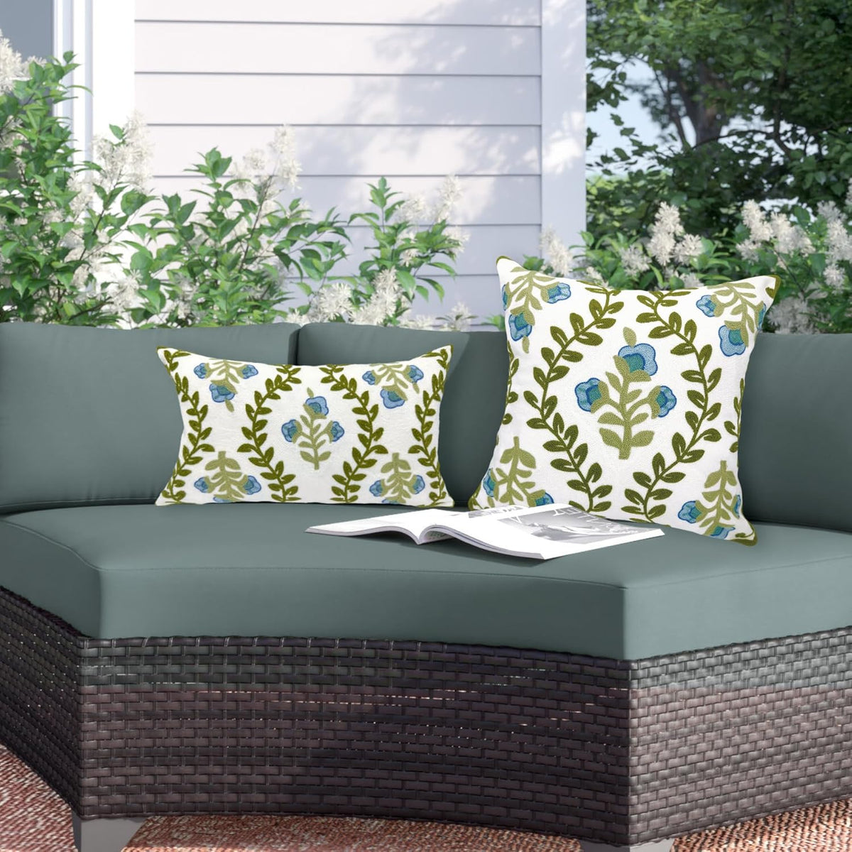 Alysheer Floral Embroidered Summer Decorative Throw Pillow Covers 18"x 18" Set of 2, Farmhouse Blue