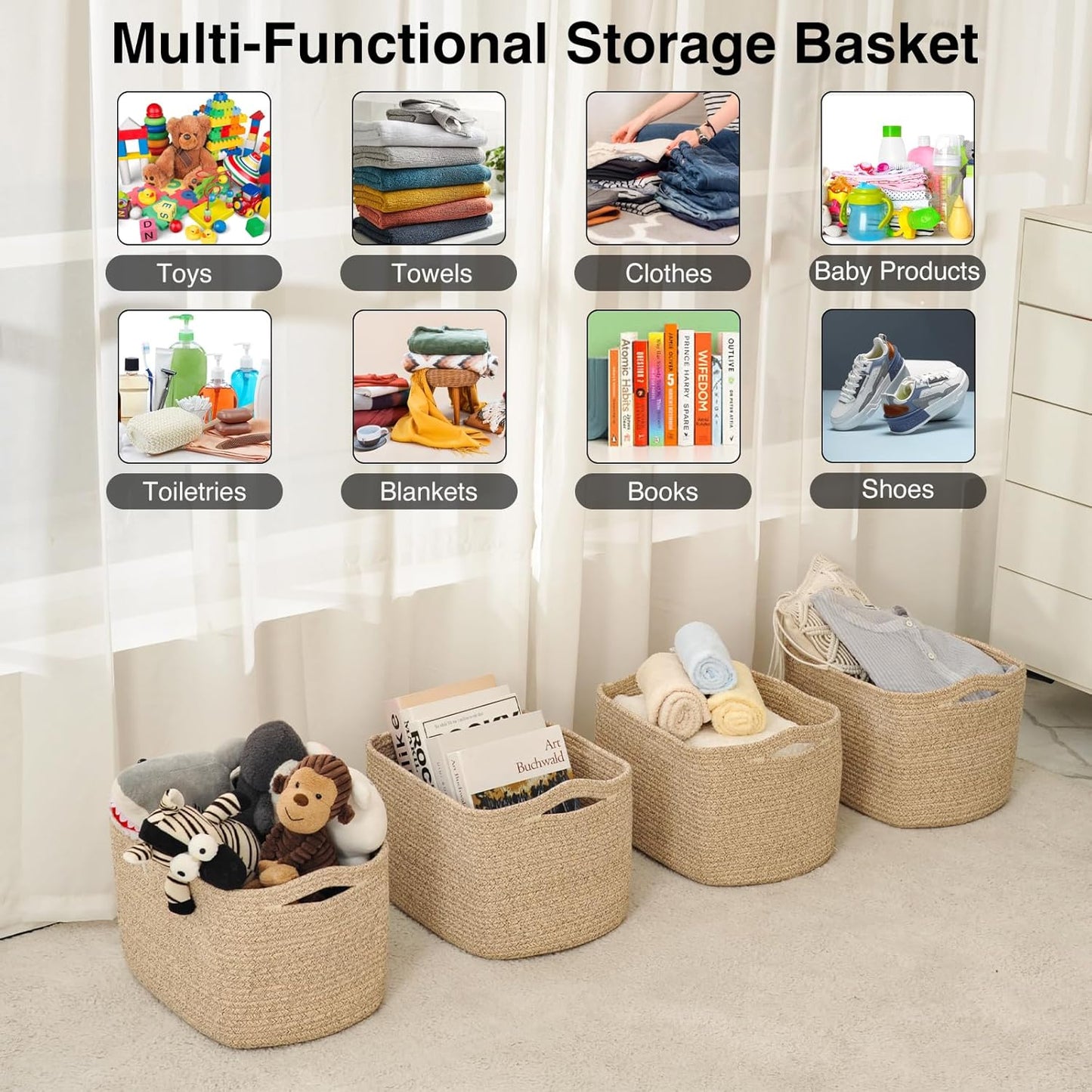 Storage Baskets for Organizing & Shelves, Woven Cotton Rope Organization Bins for Dog Toys