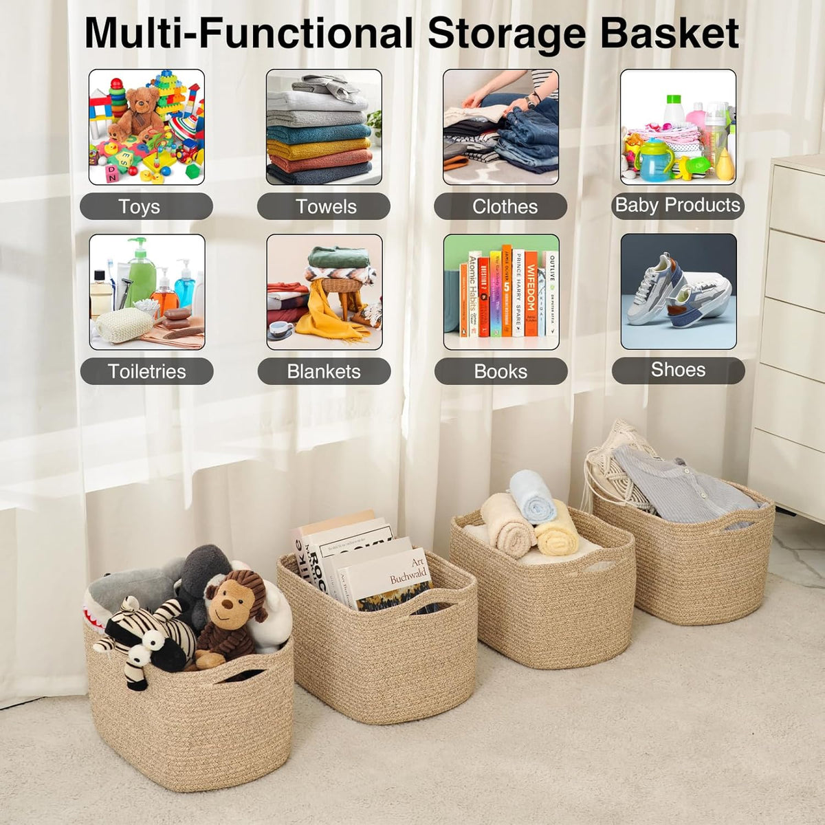 Storage Baskets for Organizing & Shelves, Woven Cotton Rope Organization Bins for Dog Toys