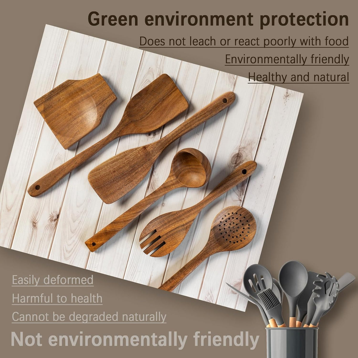 Wooden Spoons for Cooking, Nonstick Cooking Utensil Set with 5 Piece Acacia Wooden Spatulas and