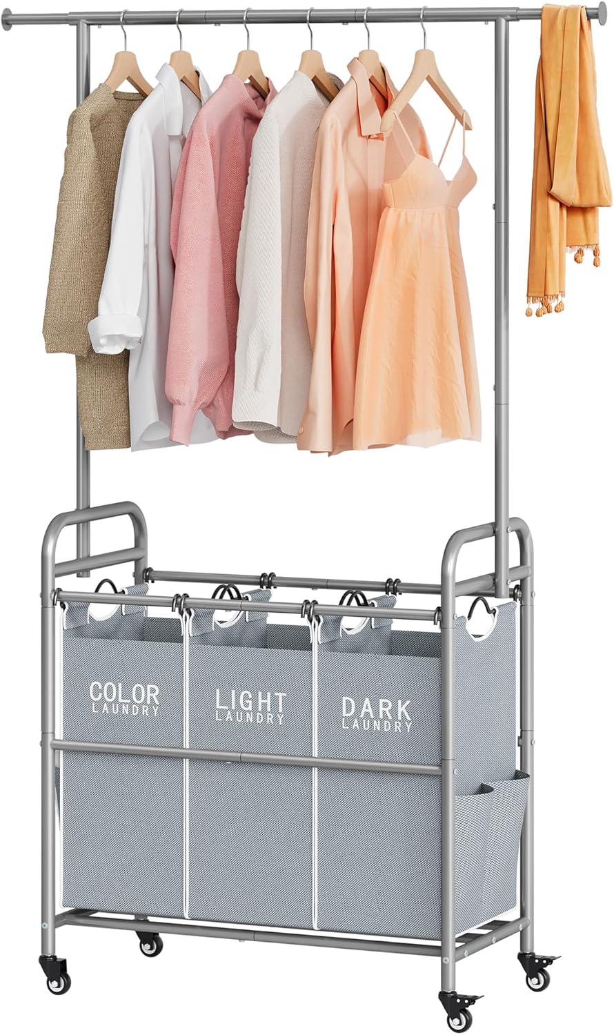 Tajsoon Laundry Sorter with Hanging Bar, 3 Section Rolling Laundry Hamper with Heavy Duty Lockable