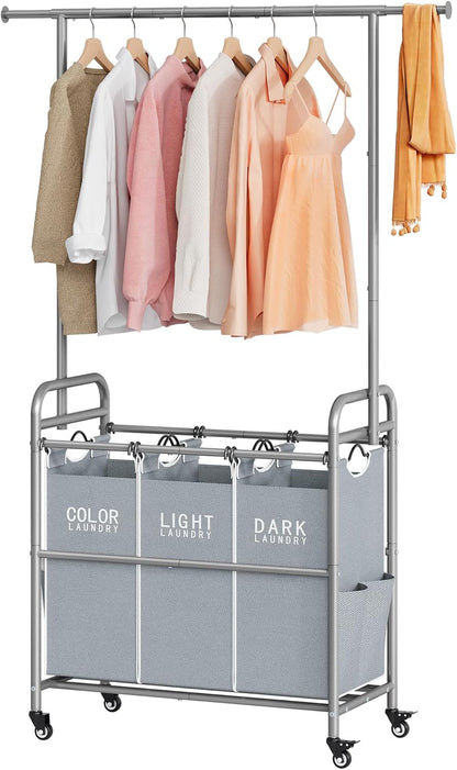 Tajsoon Laundry Sorter with Hanging Bar, 3 Section Rolling Laundry Hamper with Heavy Duty Lockable