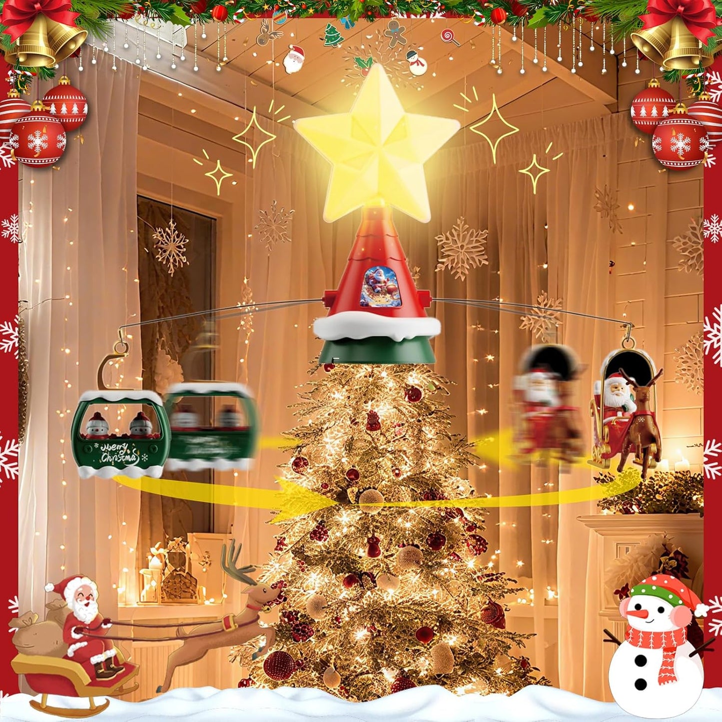 Musical Rotating Christmas Tree Topper with LED Star Light, Santa Sleigh and Cable Car Decorations