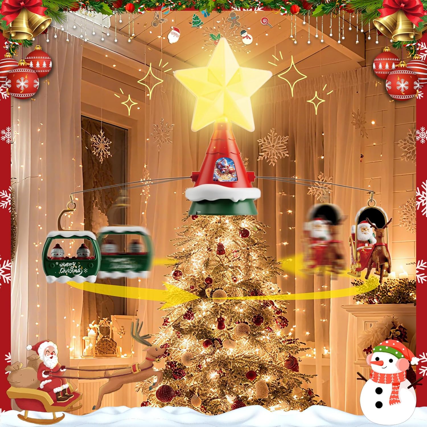 Musical Rotating Christmas Tree Topper with LED Star Light, Santa Sleigh and Cable Car Decorations