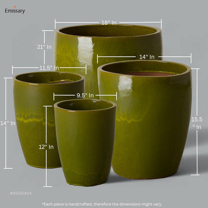 Emissary Home and Garden Bullet 12in., 14in., 15.5in., 21in. H Green Ceramic Round Planters with