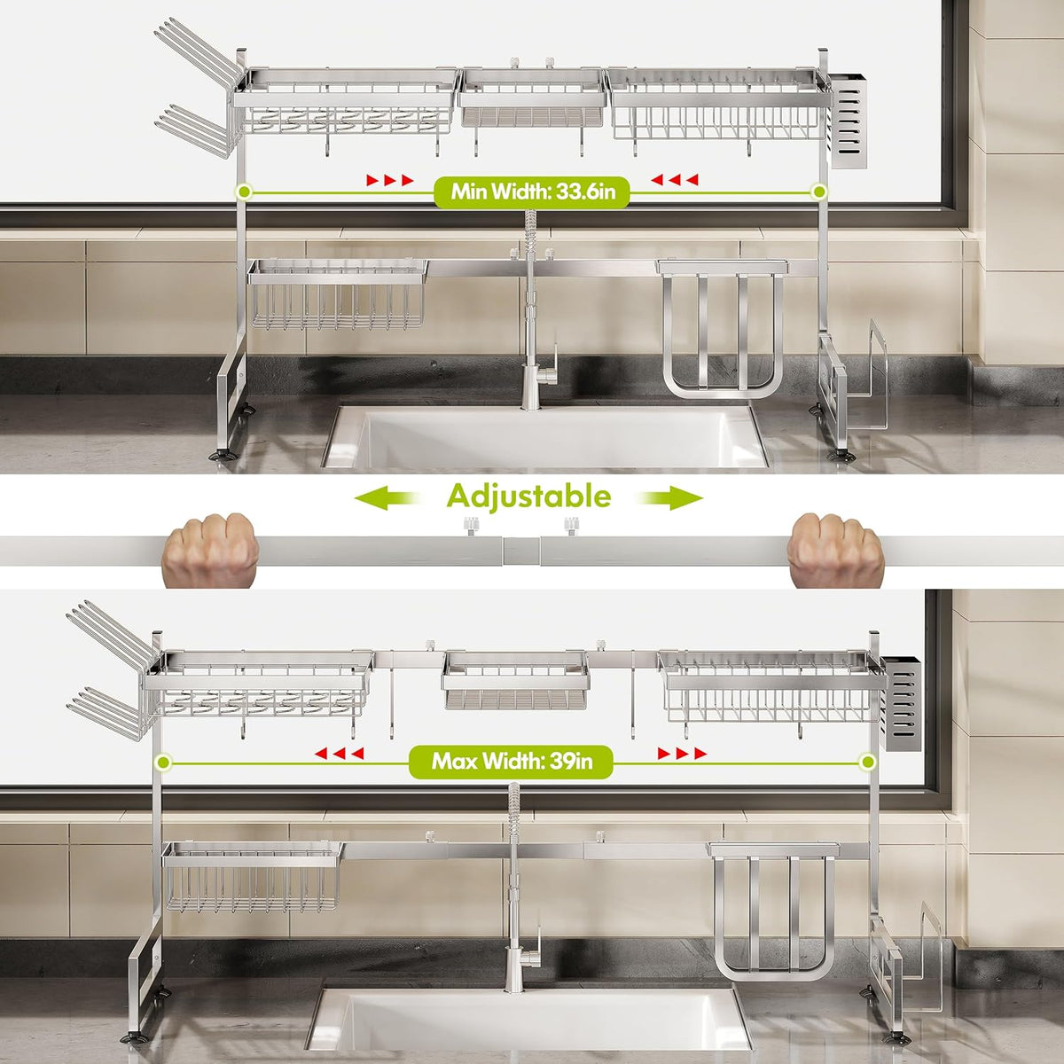 2 Tier Extra Large Stainless Steel Expandable Over The Sink Dish Drainer Drying Rack, Rust Proof