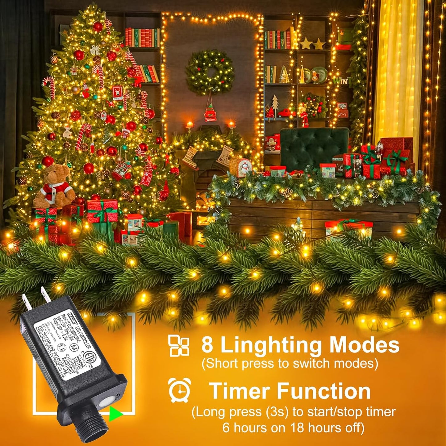 100FT 300 LED Christmas Lights, Warm White Christmas Tree Lights with 8 Modes Waterproof