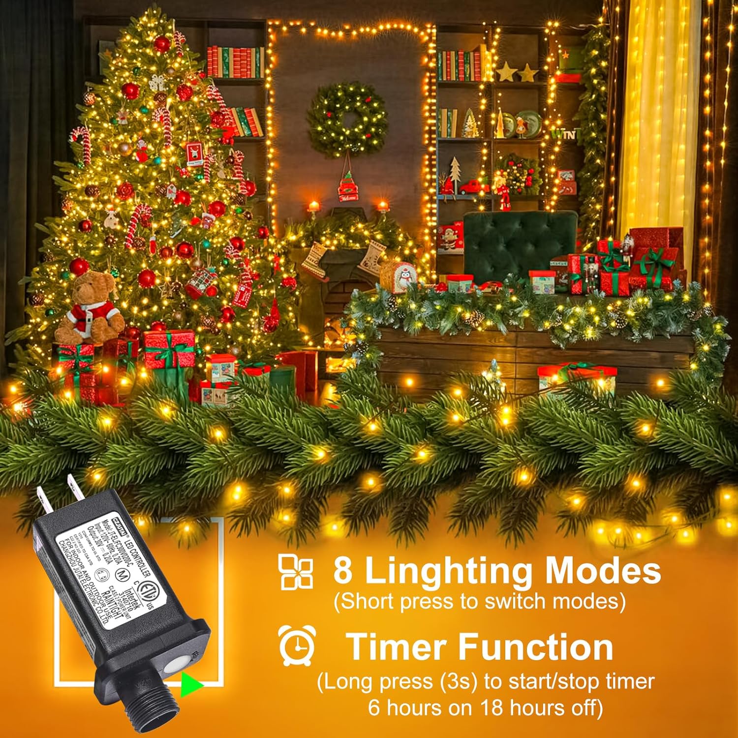 100FT 300 LED Christmas Lights, Warm White Christmas Tree Lights with 8 Modes Waterproof