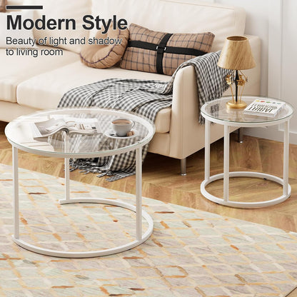 aboxoo White Nesting Glass Table Set of 2, Small Glass Round Nesting Tables for Living Room