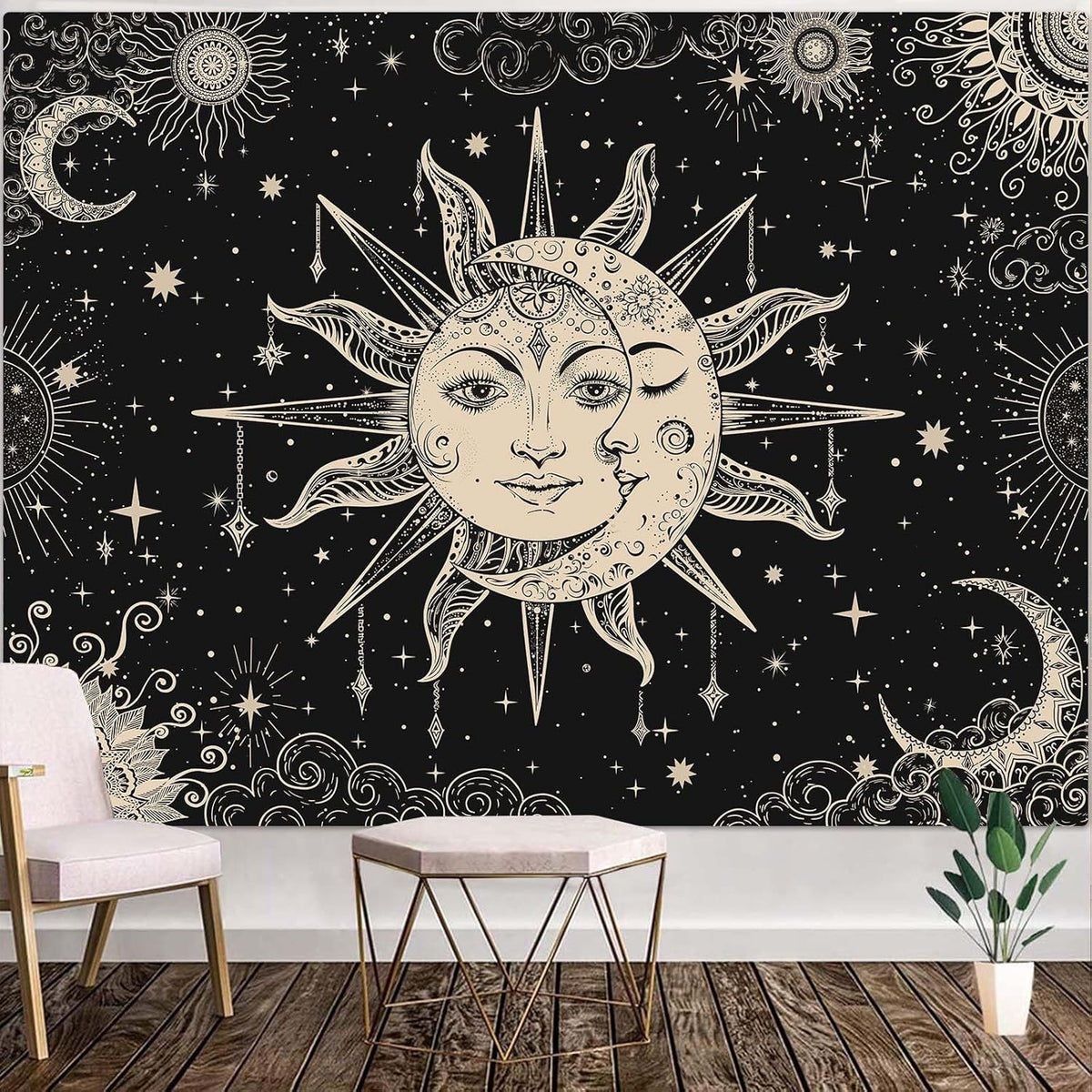 Lunerfex Sun and Moon Tapestry Mandala Wall Tapestry, Vintage Tapestries for Bedroom Ceiling