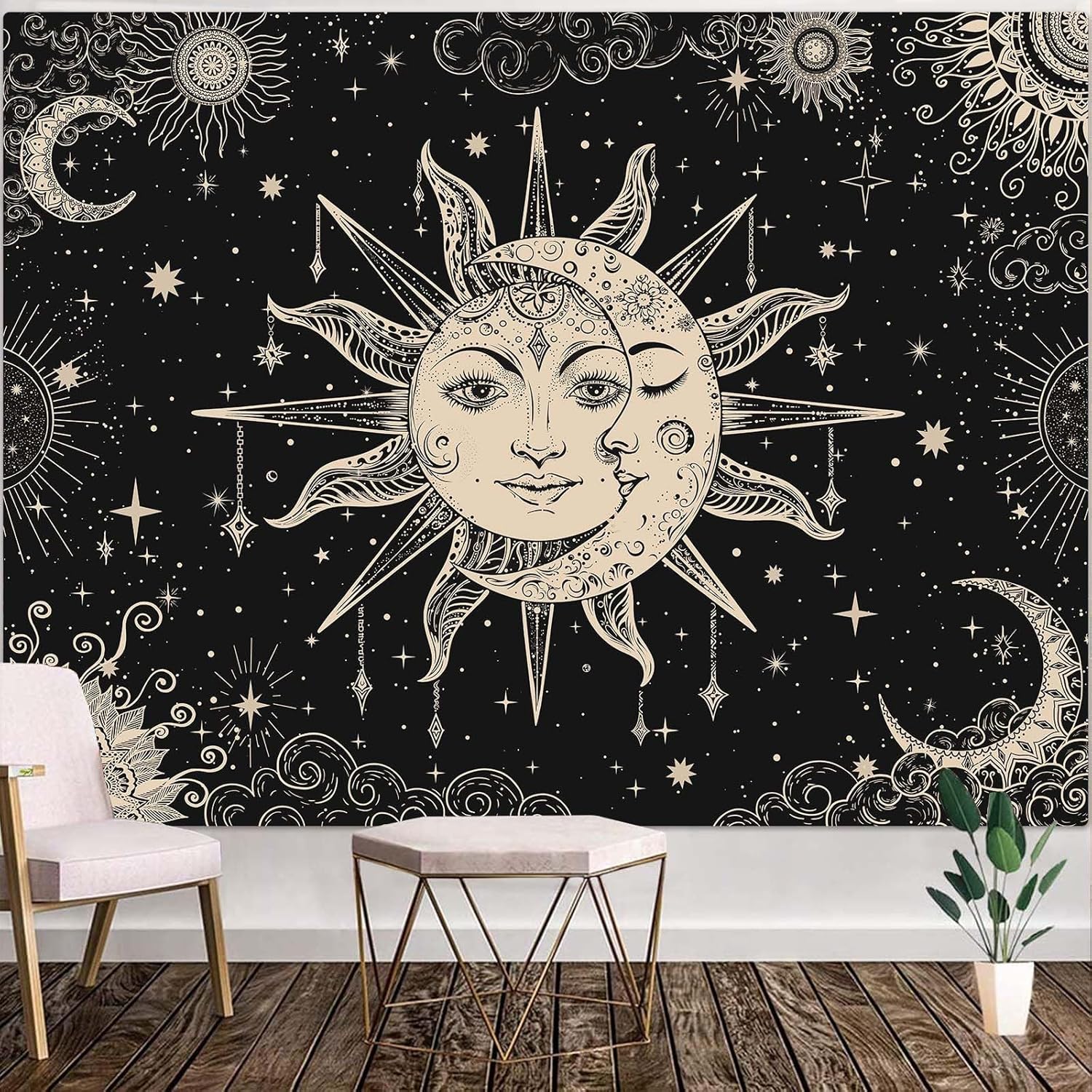 Lunerfex Sun and Moon Tapestry Mandala Wall Tapestry, Vintage Tapestries for Bedroom Ceiling