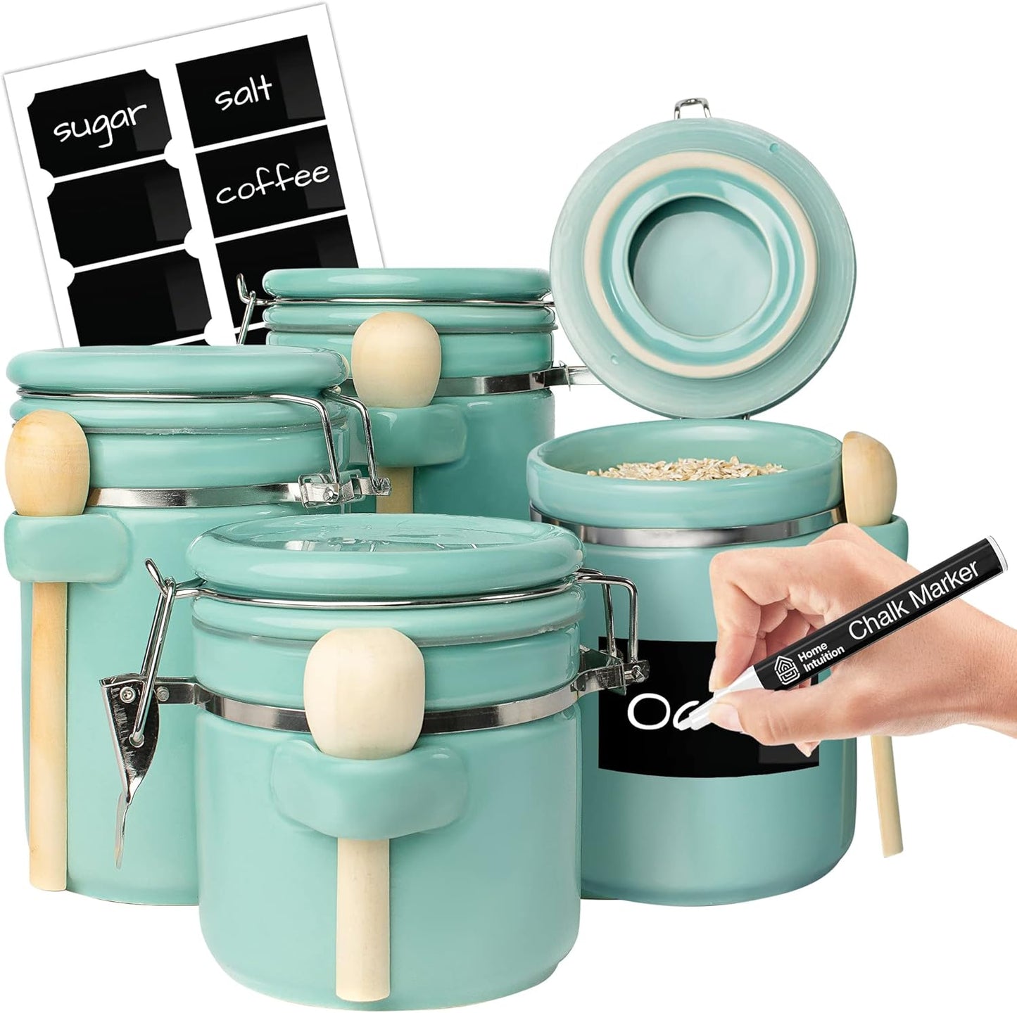 Home Intuition 4-Piece Ceramic Kitchen Canisters Set, Airtight Containers with Wooden Spoons
