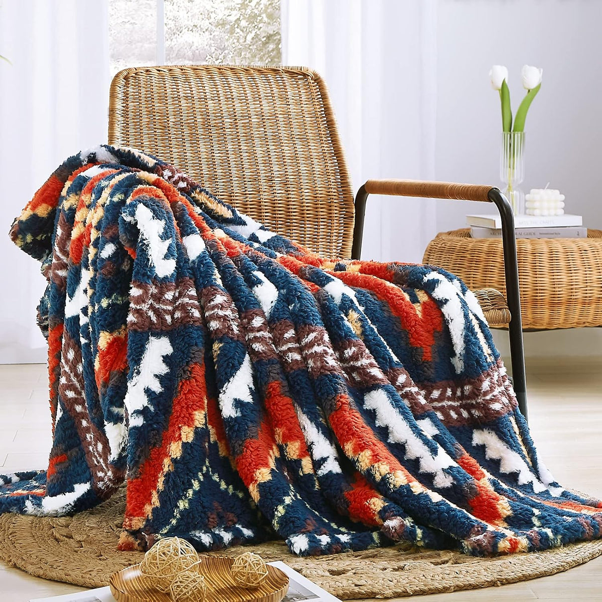 CASAAGUSTO Boho Sherpa Throw Blanket, Aztec King Size Blanket, Ultra Soft, Warm, Cozy, Plush, Thick