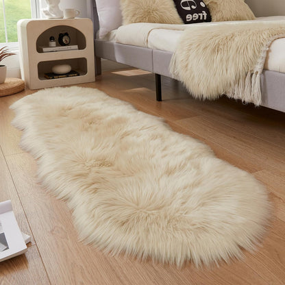 AMTOVO Faux Sheepskin Rug, Beige Ultra Soft Fluffy Shag Area Rug, 2 x 6 ft Faux Fur Rug for Bedroom