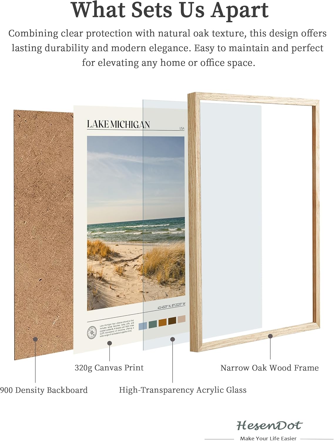 HesenDot Natural OAK Wood Lake Michigan Framed Wall Art,12x16in Natural Scenery Canvas Wall