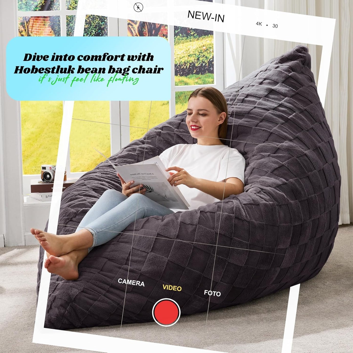 Hobestluk 3 in 1 Bean Bag Chair Giant Bean Bag Chairs for Adults with Plaid Cover Convertible Bean