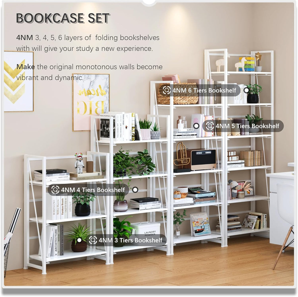 4NM No Assembly Foldable Bookshelf, 6-Shelf Collapsible Bookcase Storage for Small Spaces, 74" H
