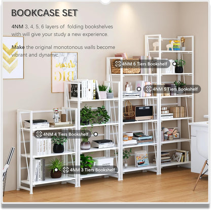 4NM No Assembly Foldable Bookshelf, 6-Shelf Collapsible Bookcase Storage for Small Spaces, 74" H