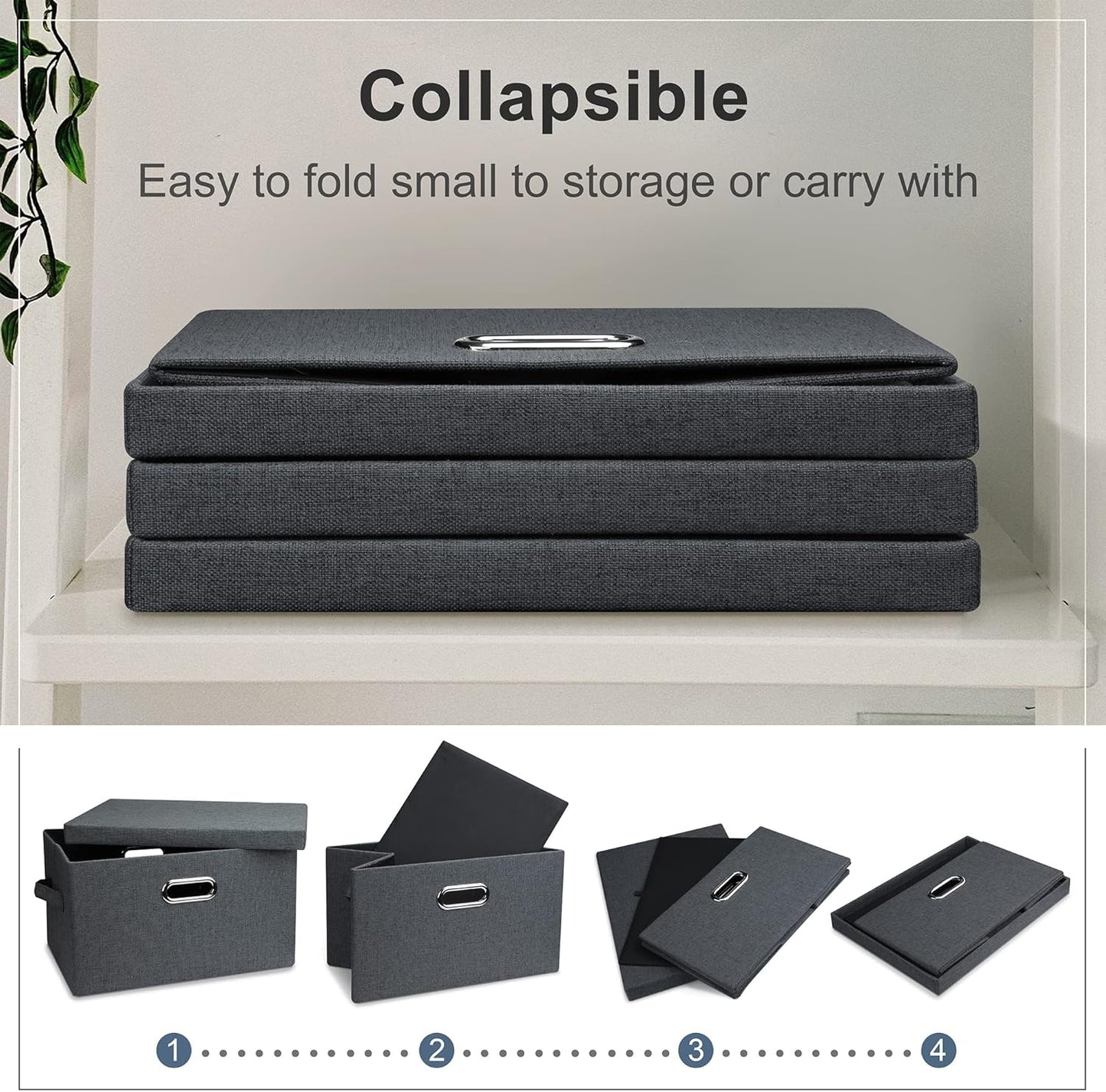 Medium 15" 21 Quart Collapsible Stackable Storage Bins with Lids, 5 Packs Dark Gray Foldable Fabric