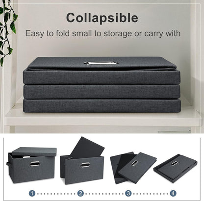 Medium 15" 21 Quart Collapsible Stackable Storage Bins with Lids, 3 Packs Dark Grey Foldable Fabric