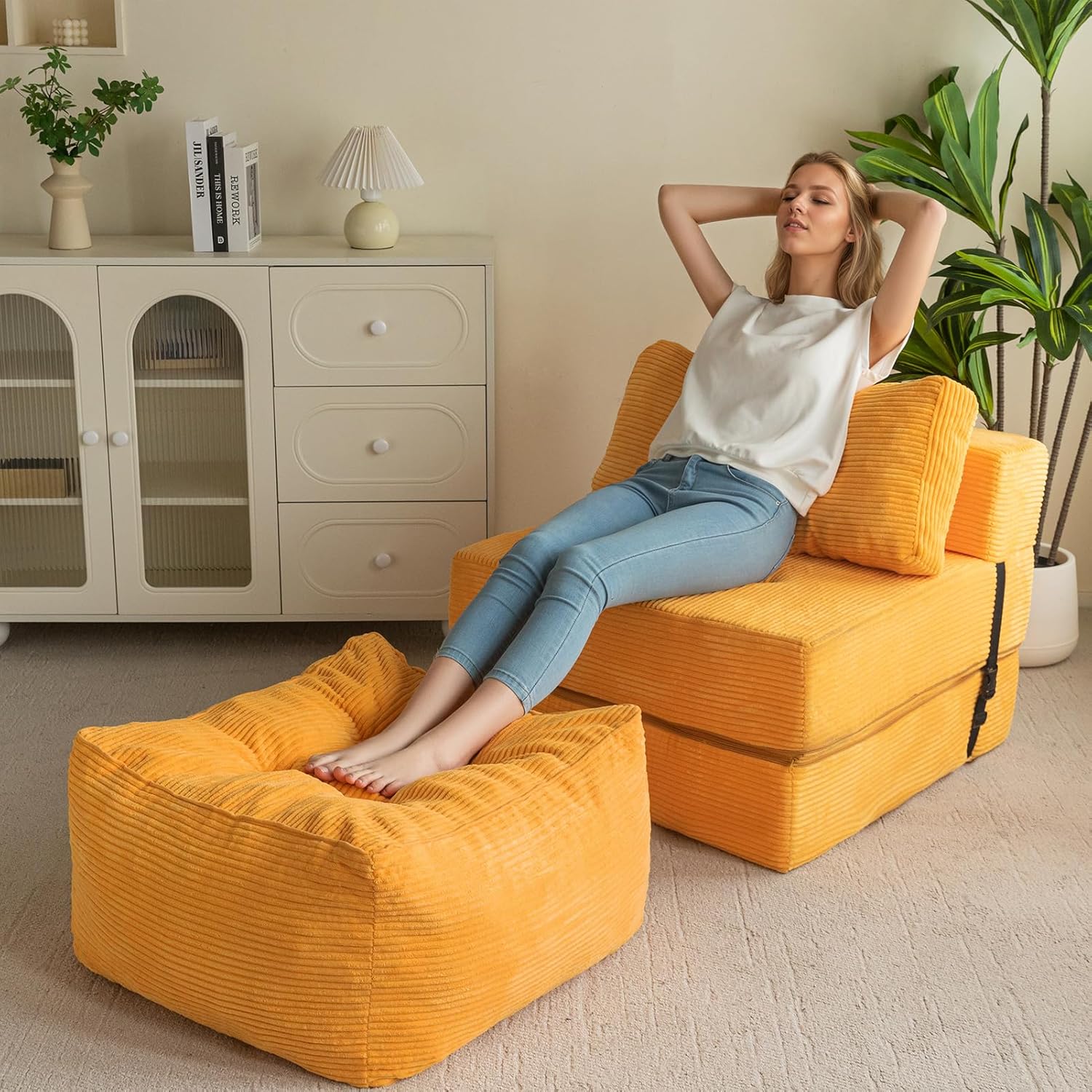 HIGOGOGO Square Stuffed Pouf Ottoman, Corduroy Poufs with Foam Chunk Filling, Furry and Fluffy Pouf