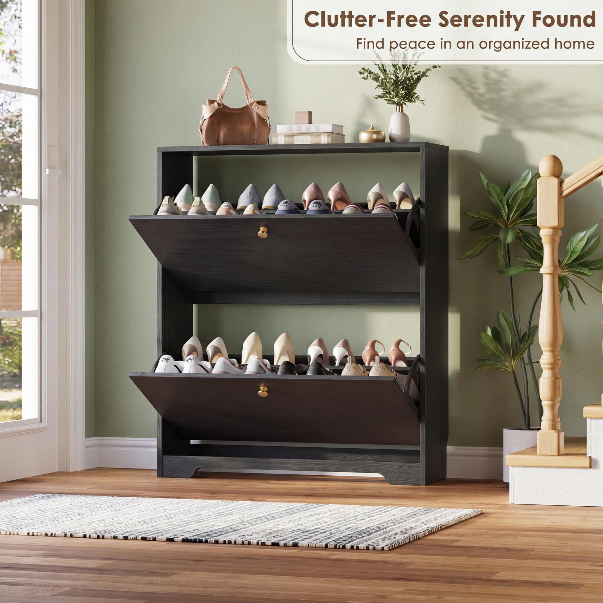 Nicetree Shoe Cabinet with 2 Flip Drawers, Narrow Shoe Organizer Cabinet, Freestanding Shoe Rack