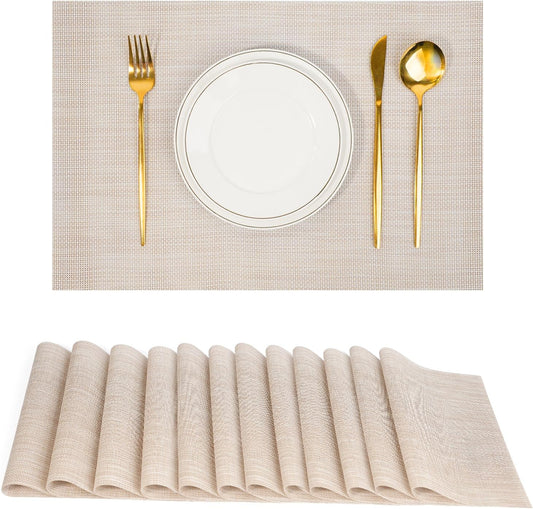 Placemats Set of 12，Non-Slip PVC Weave Table Mats Easy to Clean，Heat Resistant Place Mats for