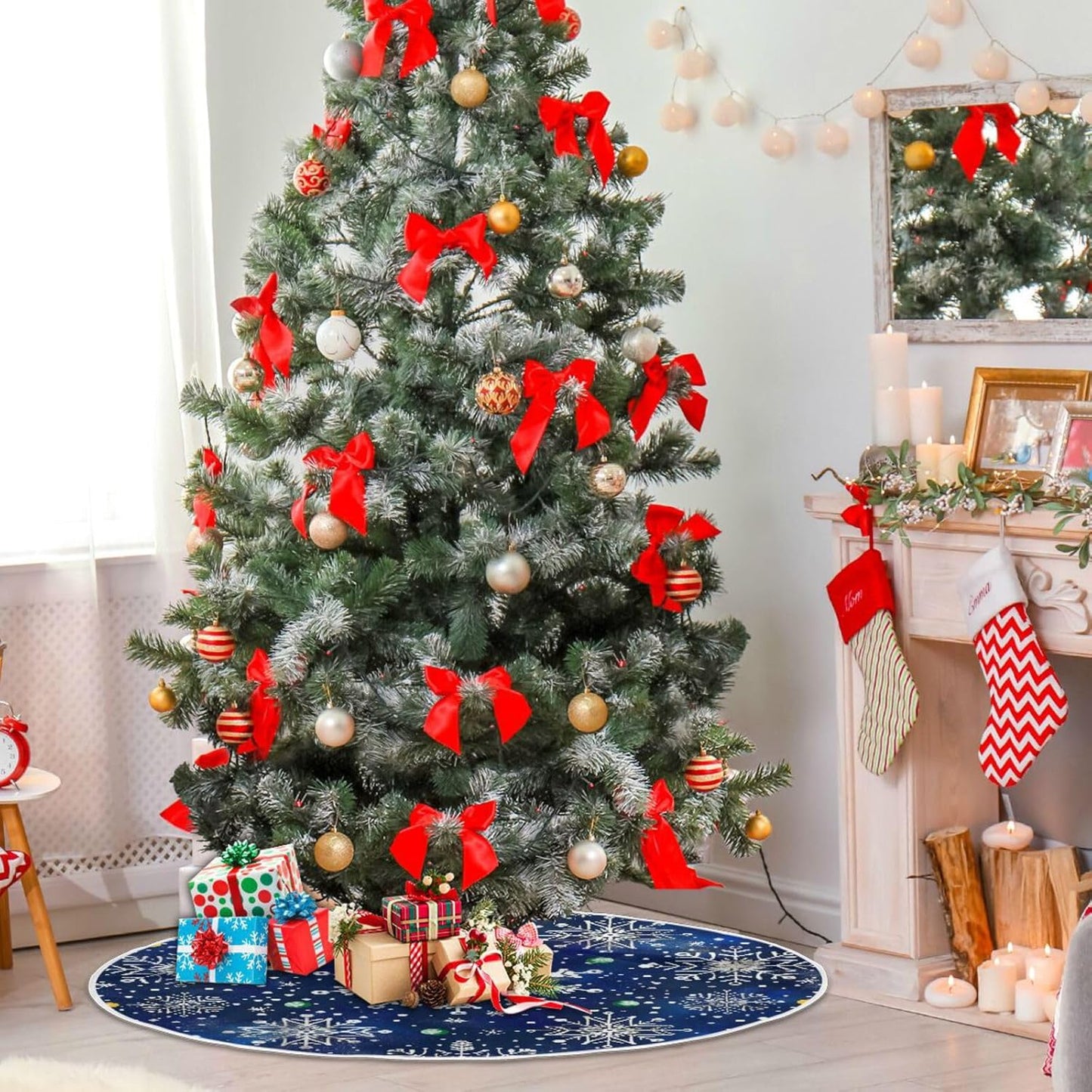 Christmas Tree Skirt, 48 Inch White Snowflakes Blue Background Xmas Tree Skirt for Christmas New